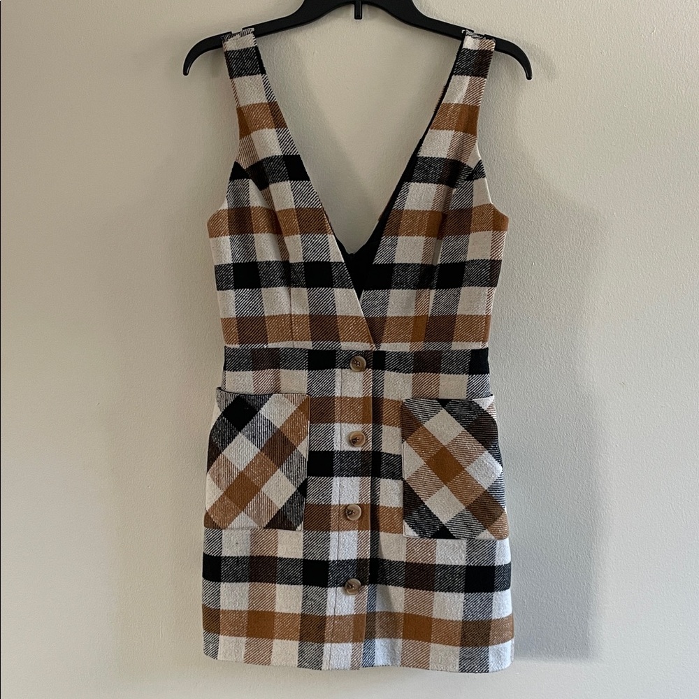 Miss Selfridge Camel Check Pinafore Dress Jumper Petite XS UK 8 US 4 - Picture 5 of 12